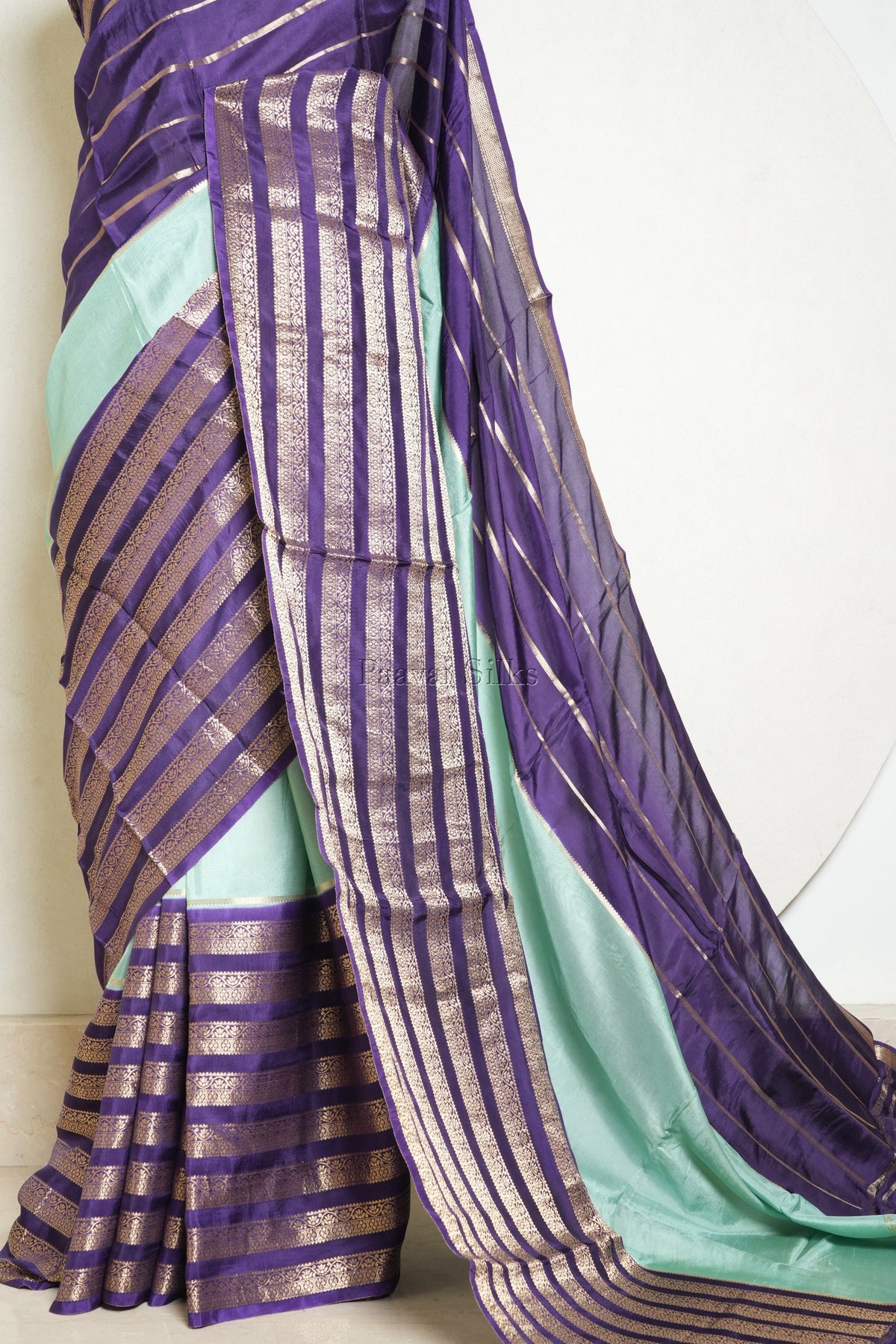 Light Blue Saree with Violet Contrast border and brocade blouse