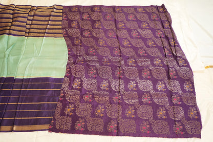 Light Blue Saree with Violet Contrast border and brocade blouse