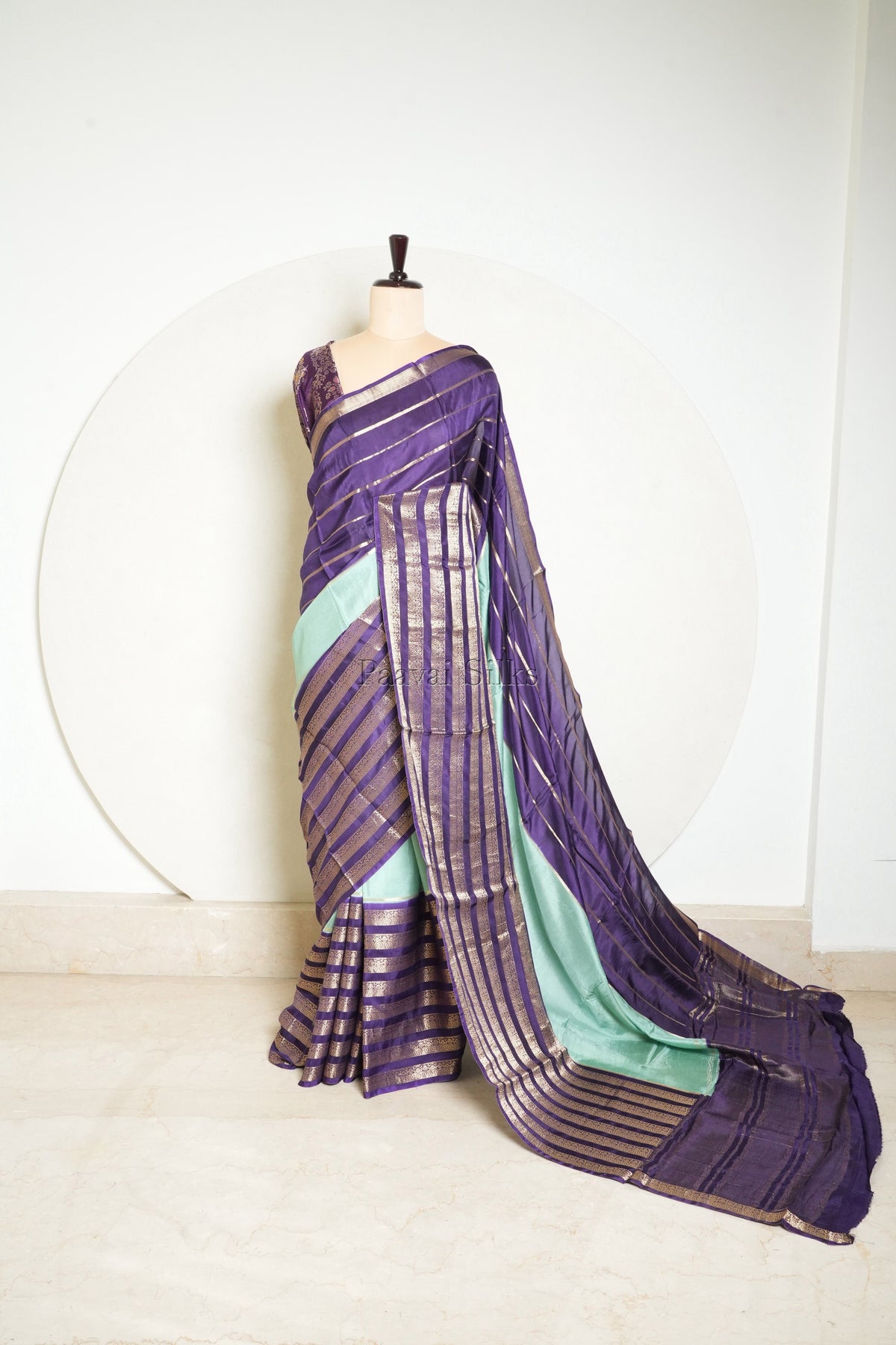 Light Blue Saree with Violet Contrast border and brocade blouse