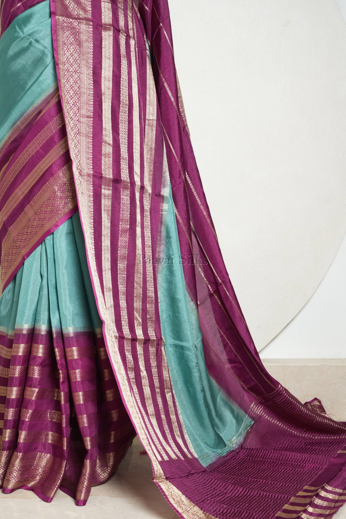 Aqua Blue Saree with Wine Contrast border