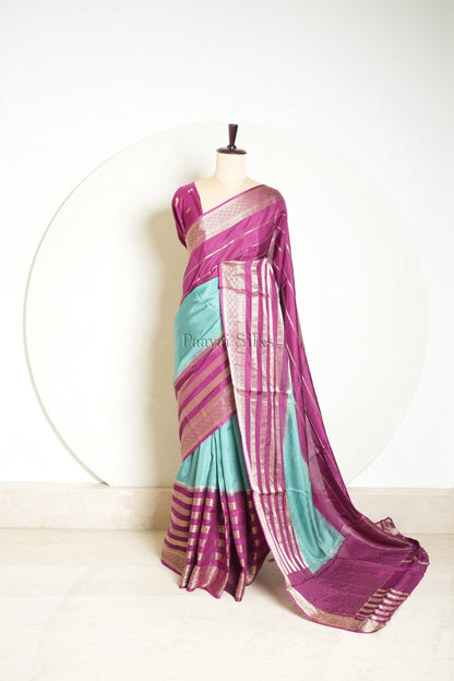 Aqua Blue Saree with Wine Contrast border