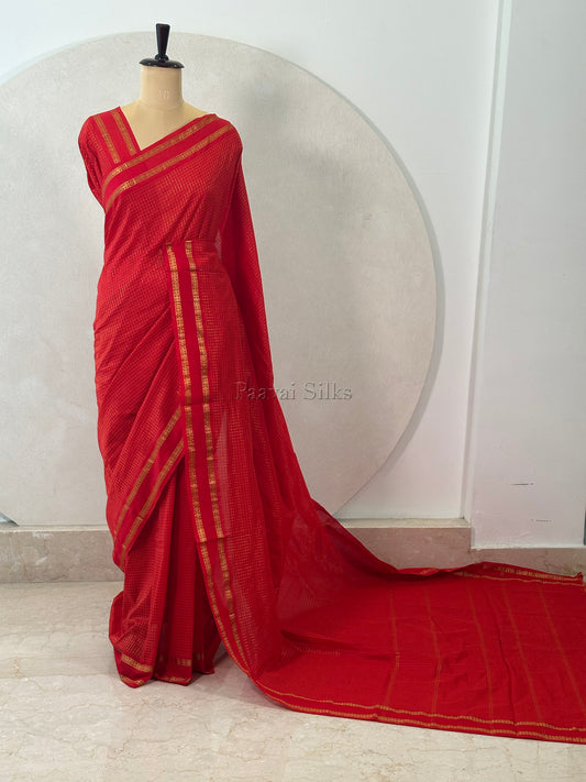 Chilly Red Muthu Kattam Cotton Saree with Rettapet Border