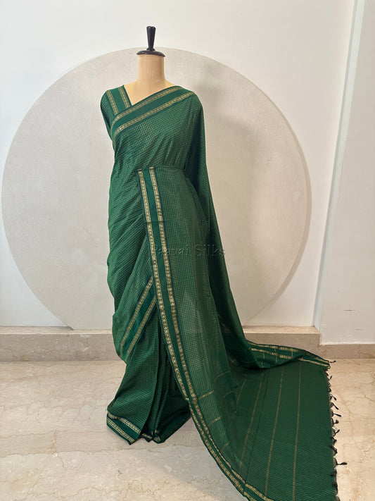 Bottle Green Muthu Kattam Cotton Saree with Rettapet Border