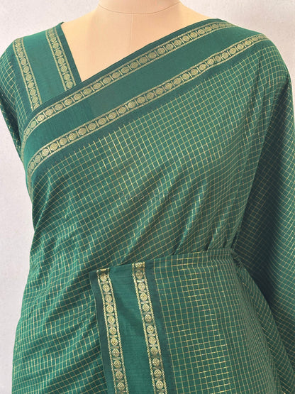 Bottle Green Muthu Kattam Cotton Saree with Rettapet Border