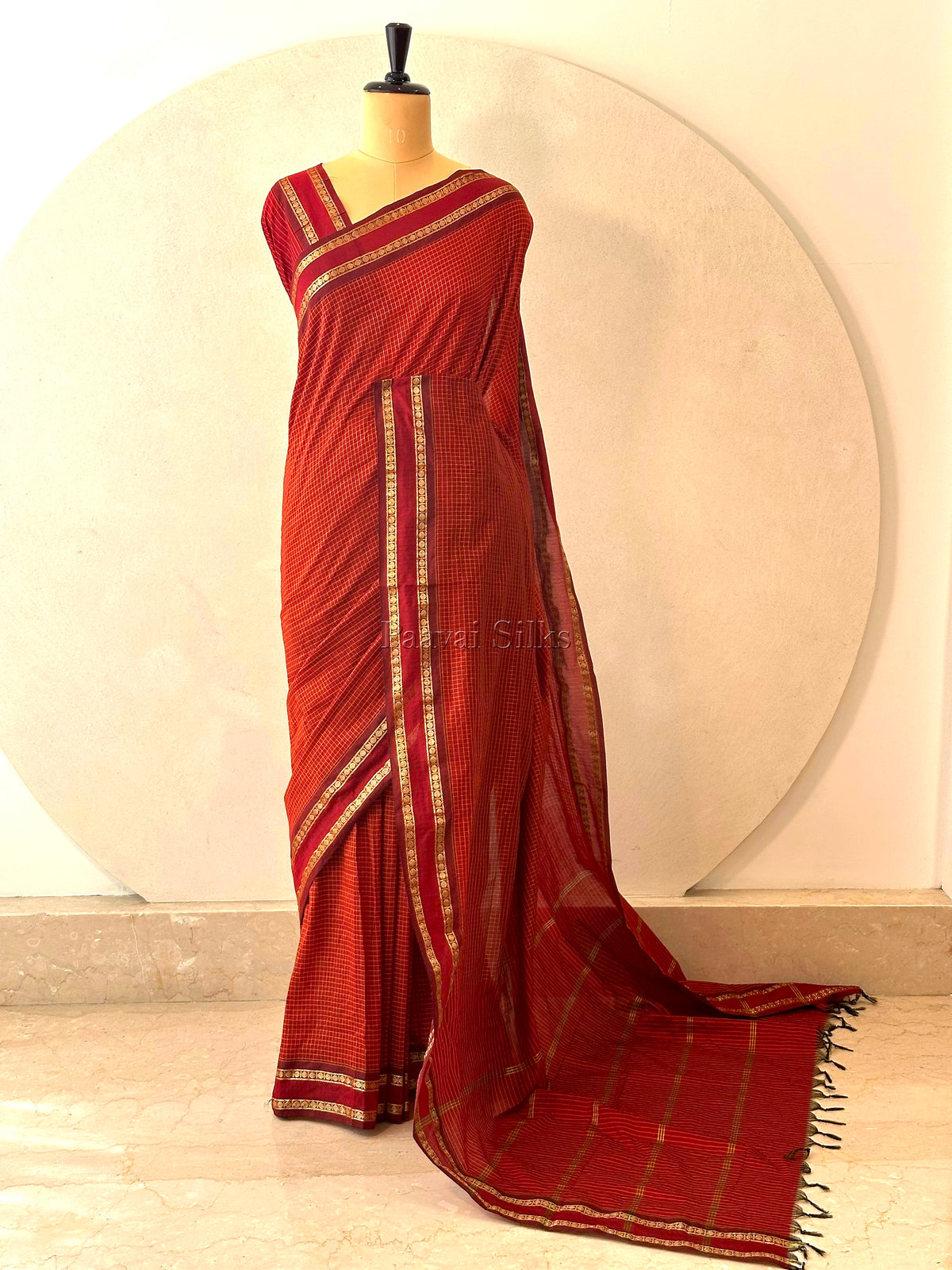 Maroon Muthu Kattam Cotton Saree with Rettapet Border
