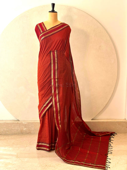 Maroon Muthu Kattam Cotton Saree with Rettapet Border