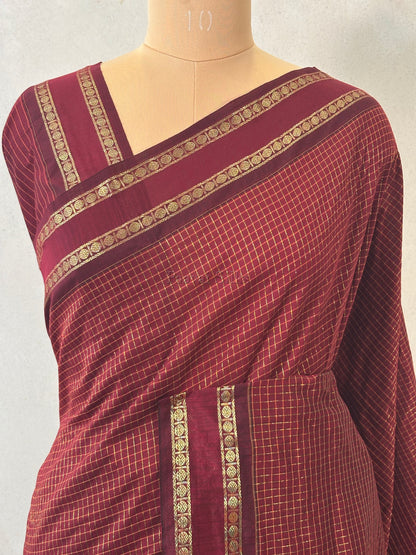Maroon Muthu Kattam Cotton Saree with Rettapet Border