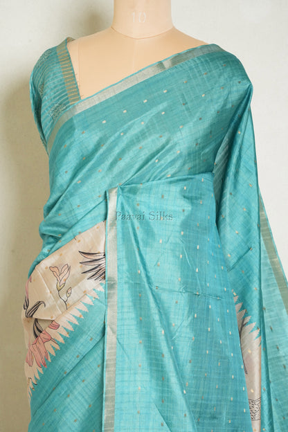 Aqua Blue Semi Tussar Silk Saree with Wildflower & Bird Print
