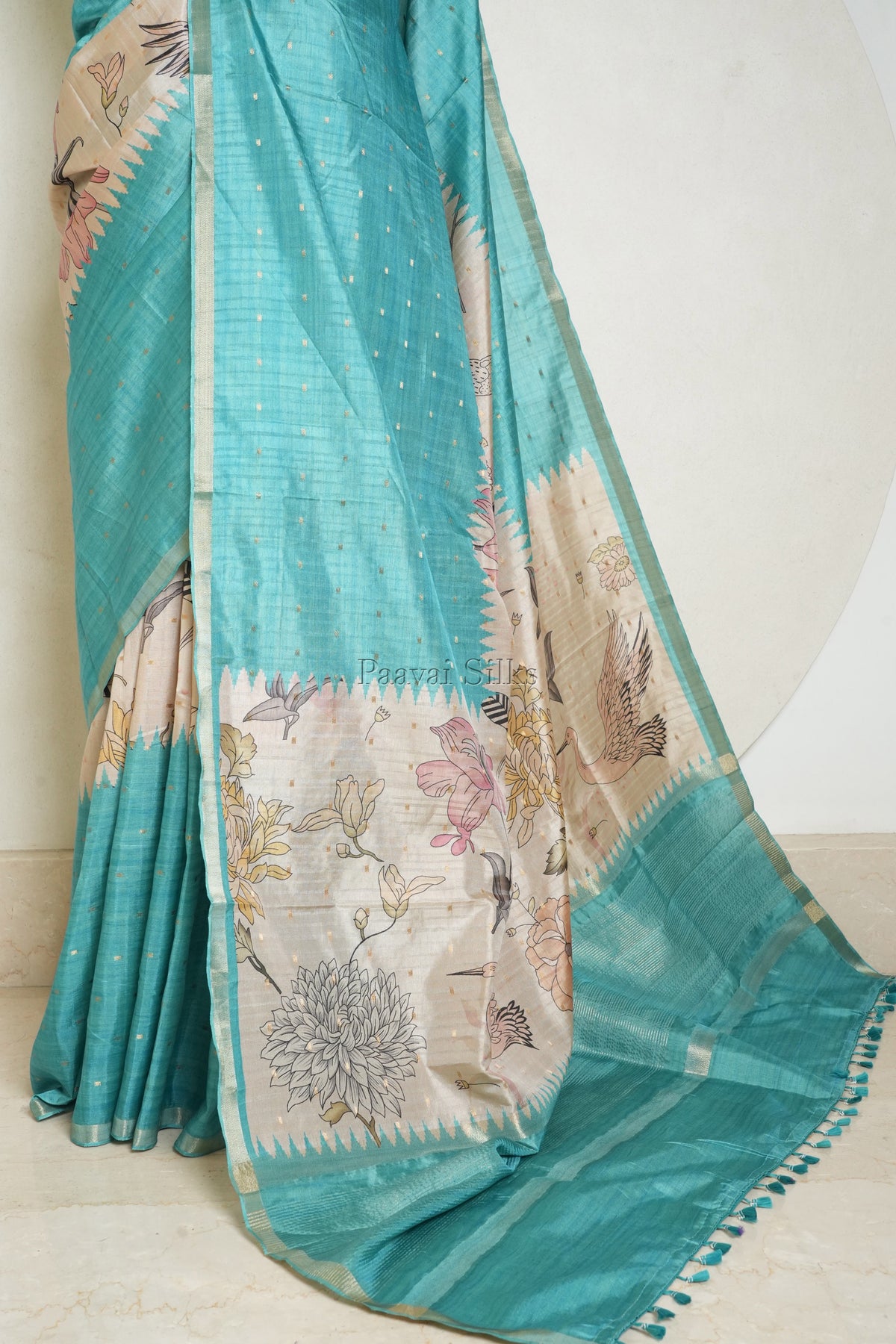 Aqua Blue Semi Tussar Silk Saree with Wildflower & Bird Print