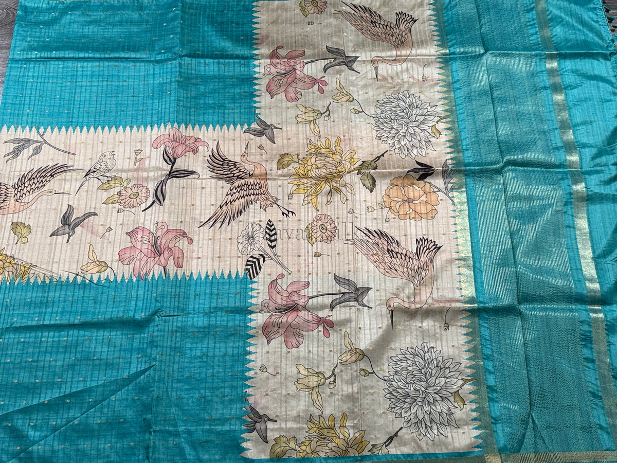 Aqua Blue Semi Tussar Silk Saree with Wildflower & Bird Print