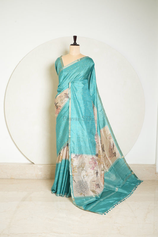 Aqua Blue Semi Tussar Silk Saree with Wildflower & Bird Print