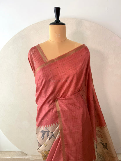 Coral Semi Tussar Silk Saree with Wildflower & Bird Print