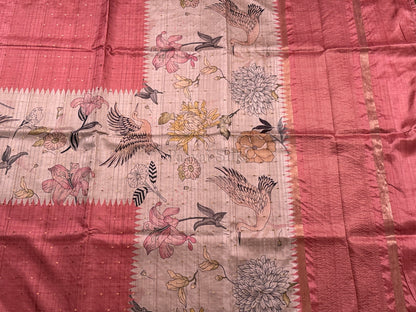 Coral Semi Tussar Silk Saree with Wildflower & Bird Print