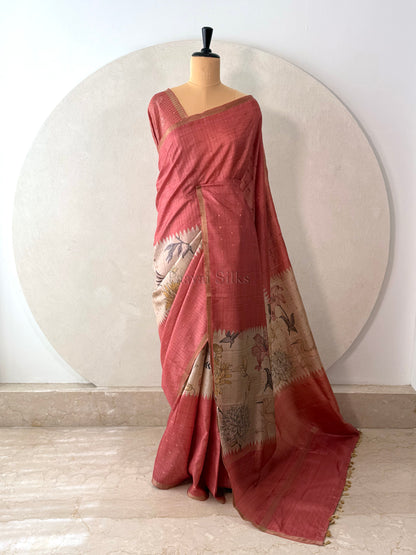 Coral Semi Tussar Silk Saree with Wildflower & Bird Print