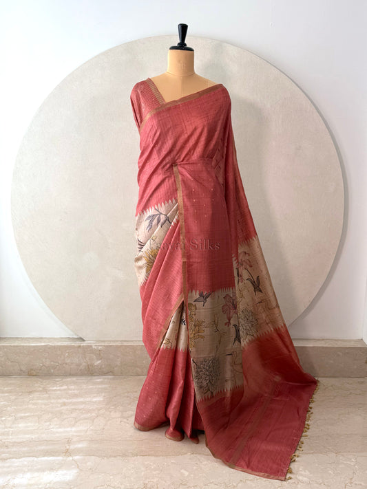 Coral Semi Tussar Silk Saree with Wildflower & Bird Print