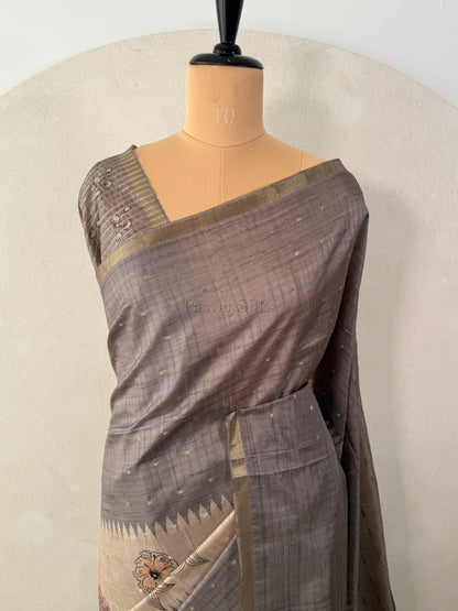 Grey Semi Tussar Silk Saree with Wildflower & Bird Print