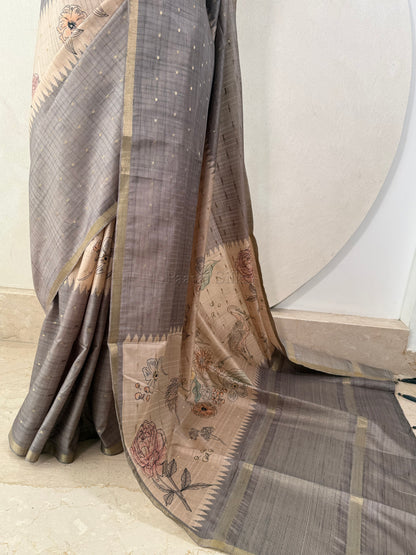 Grey Semi Tussar Silk Saree with Wildflower & Bird Print