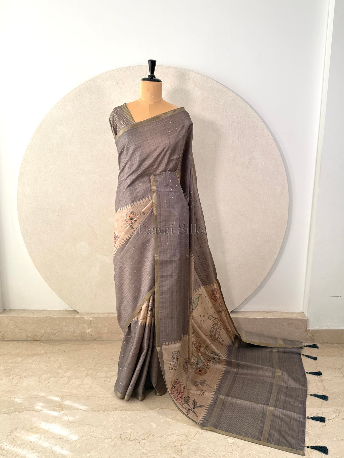 Grey Semi Tussar Silk Saree with Wildflower & Bird Print