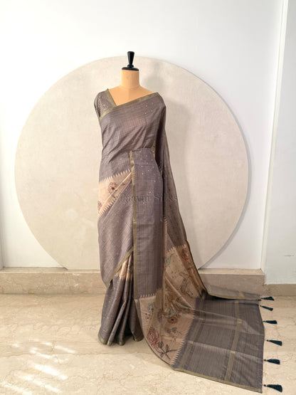 Grey Semi Tussar Silk Saree with Wildflower & Bird Print