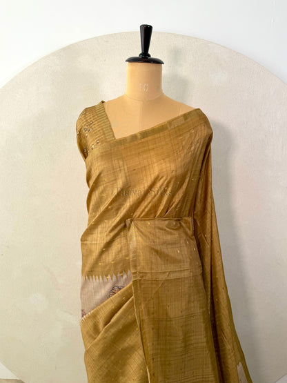 Mustard Yellow Semi Tussar Silk Saree with Wildflower & Bird Prin