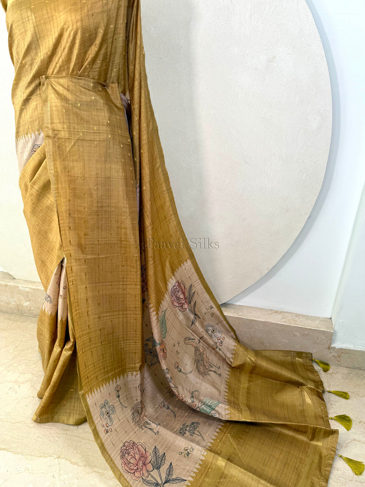 Mustard Yellow Semi Tussar Silk Saree with Wildflower & Bird Prin