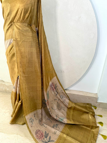 Mustard Yellow Semi Tussar Silk Saree with Wildflower & Bird Prin