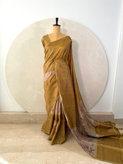 Mustard Yellow Semi Tussar Silk Saree with Wildflower & Bird Prin
