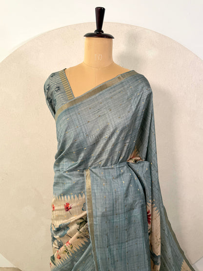Dusty Aqua Semi Tussar Silk Saree with Wildflower & Bird Print
