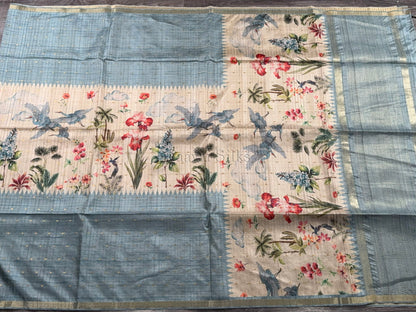 Dusty Aqua Semi Tussar Silk Saree with Wildflower & Bird Print