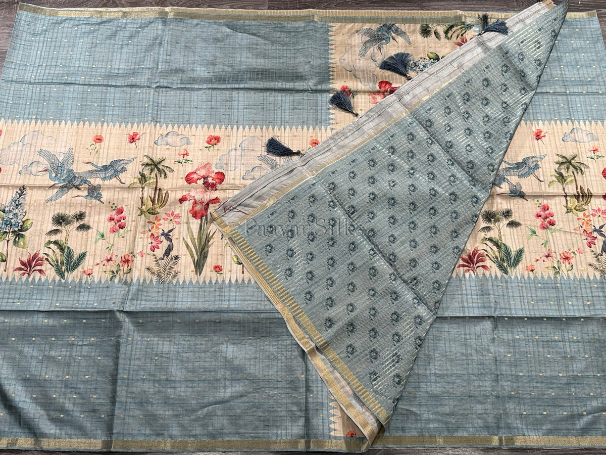 Dusty Aqua Semi Tussar Silk Saree with Wildflower & Bird Print