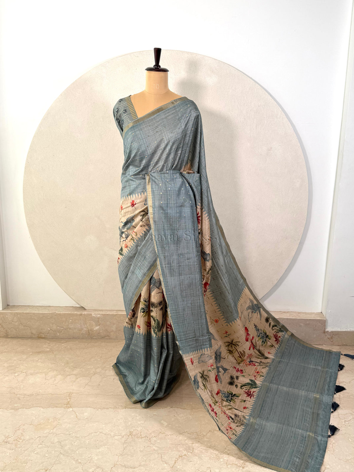 Dusty Aqua Semi Tussar Silk Saree with Wildflower & Bird Print