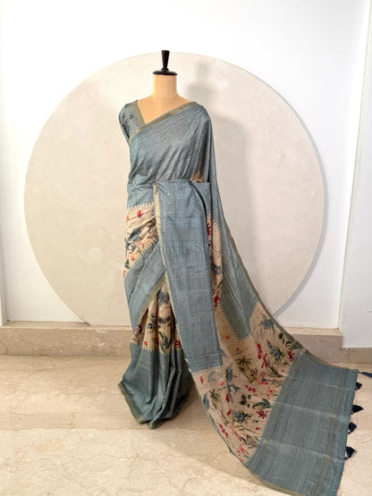 Dusty Aqua Semi Tussar Silk Saree with Wildflower & Bird Print
