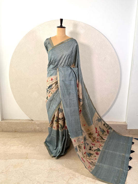 Dusty Aqua Semi Tussar Silk Saree with Wildflower & Bird Print