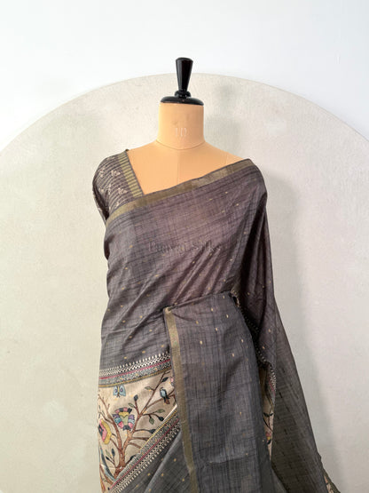 Charcoal Grey Semi Tussar Silk Saree with Wildflower & Bird Print