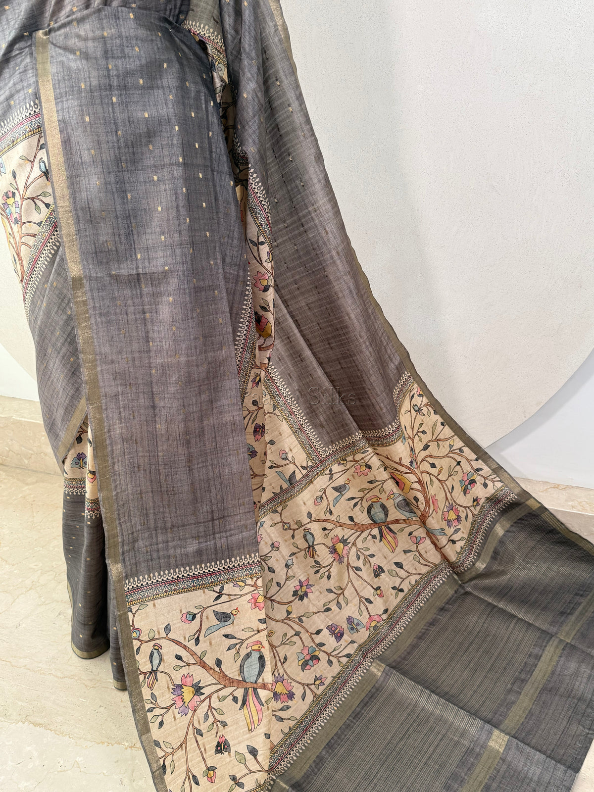 Charcoal Grey Semi Tussar Silk Saree with Wildflower & Bird Print