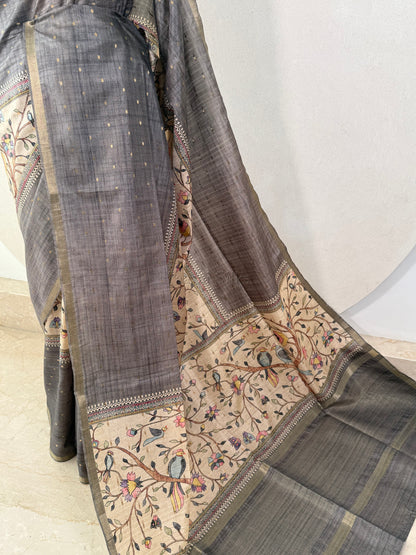 Charcoal Grey Semi Tussar Silk Saree with Wildflower & Bird Print