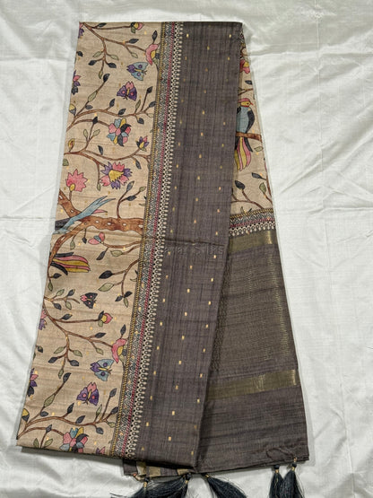 Charcoal Grey Semi Tussar Silk Saree with Wildflower & Bird Print