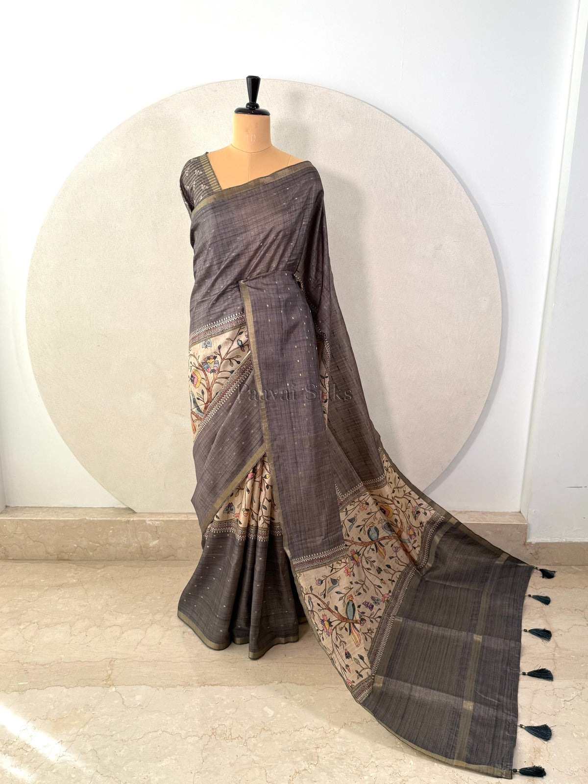 Charcoal Grey Semi Tussar Silk Saree with Wildflower & Bird Print