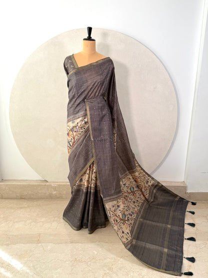 Charcoal Grey Semi Tussar Silk Saree with Wildflower & Bird Print