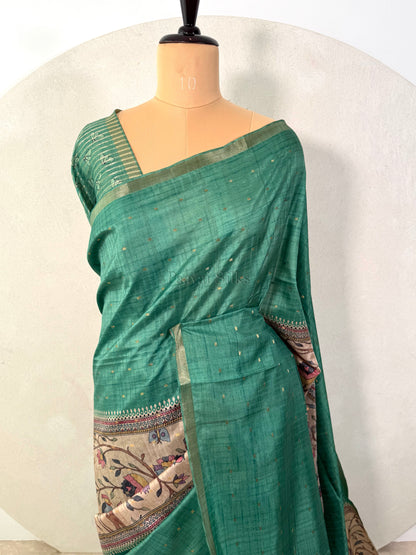 Green Semi Tussar Silk Saree with Wildflower & Bird Print