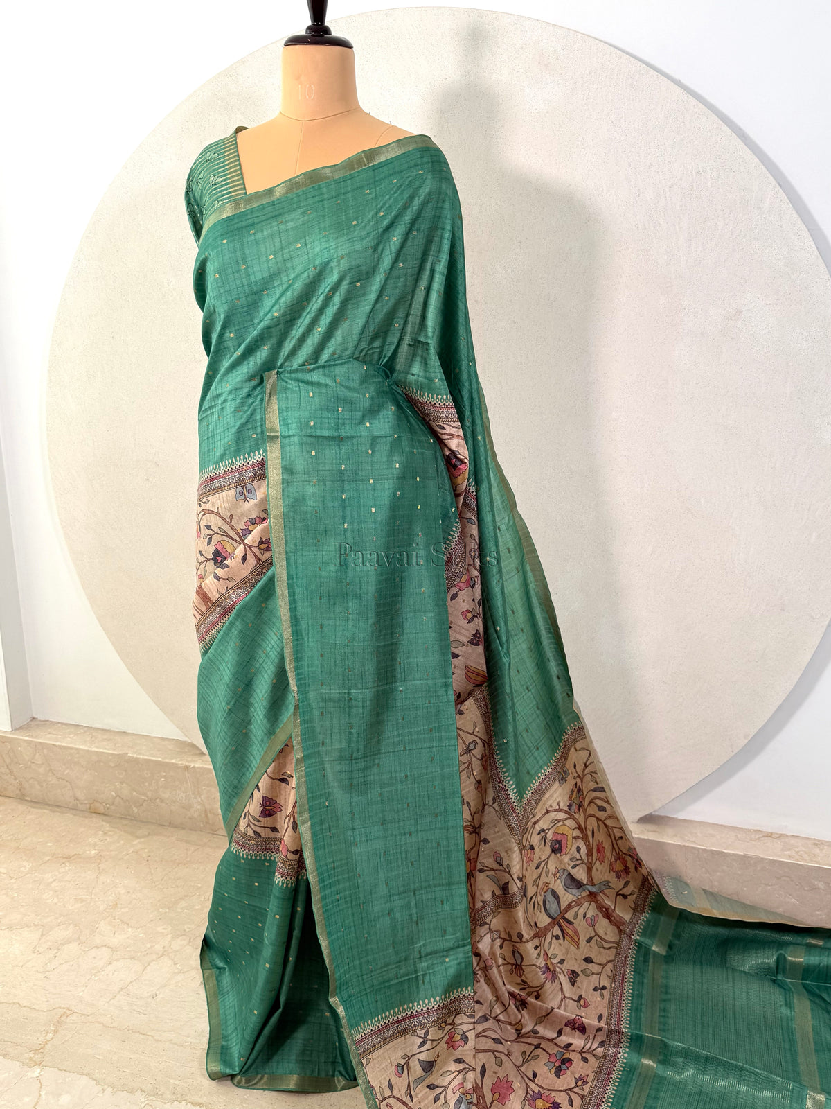 Green Semi Tussar Silk Saree with Wildflower & Bird Print