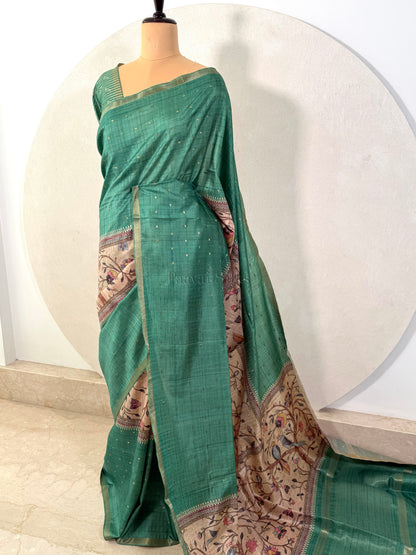 Green Semi Tussar Silk Saree with Wildflower & Bird Print