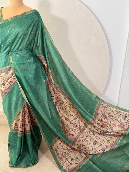 Green Semi Tussar Silk Saree with Wildflower & Bird Print
