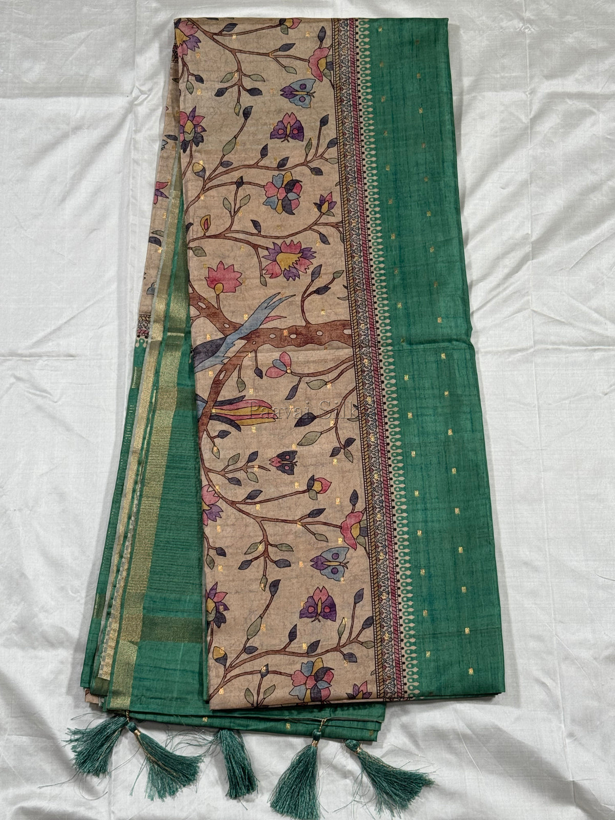 Green Semi Tussar Silk Saree with Wildflower & Bird Print