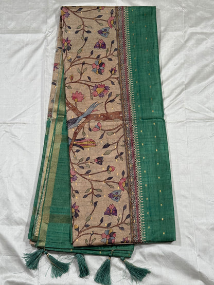 Green Semi Tussar Silk Saree with Wildflower & Bird Print