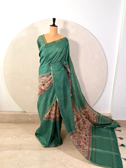 Green Semi Tussar Silk Saree with Wildflower & Bird Print